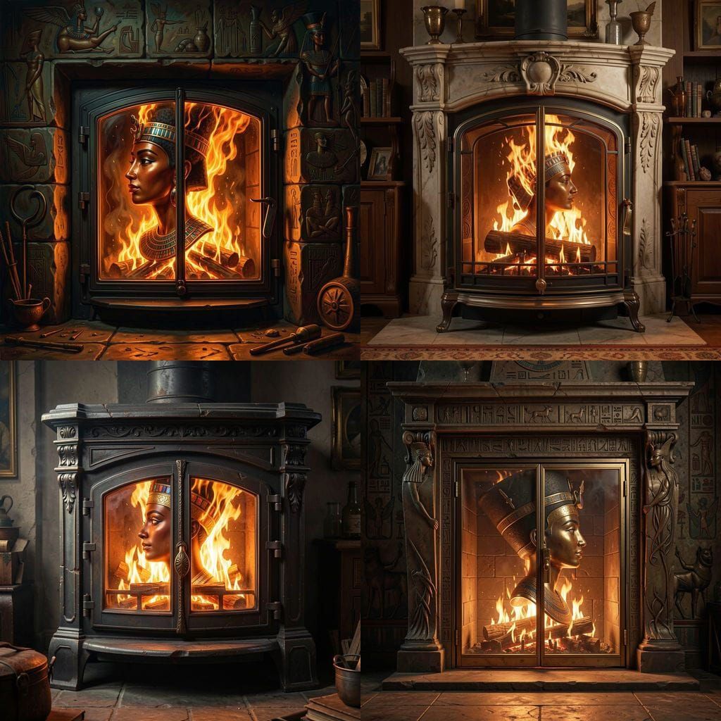 Nefertiti Bust Fireplace with Fiery Head