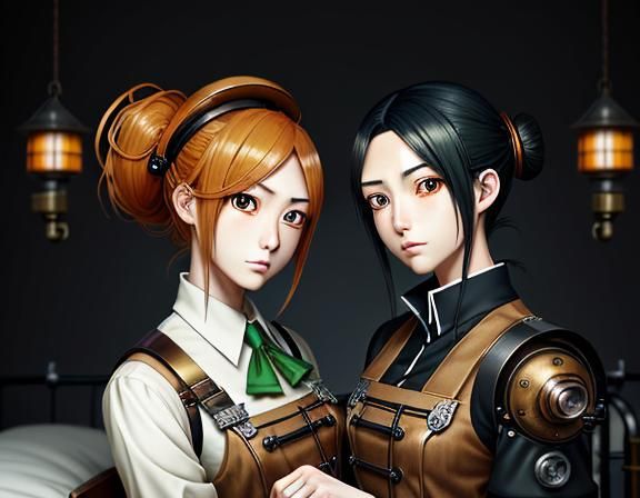 Kemono Twin Sisters Kiss in Steampunk Manga Style