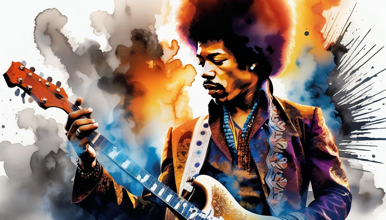 Fiery Portrait of Guitarist in Mixed Media Art