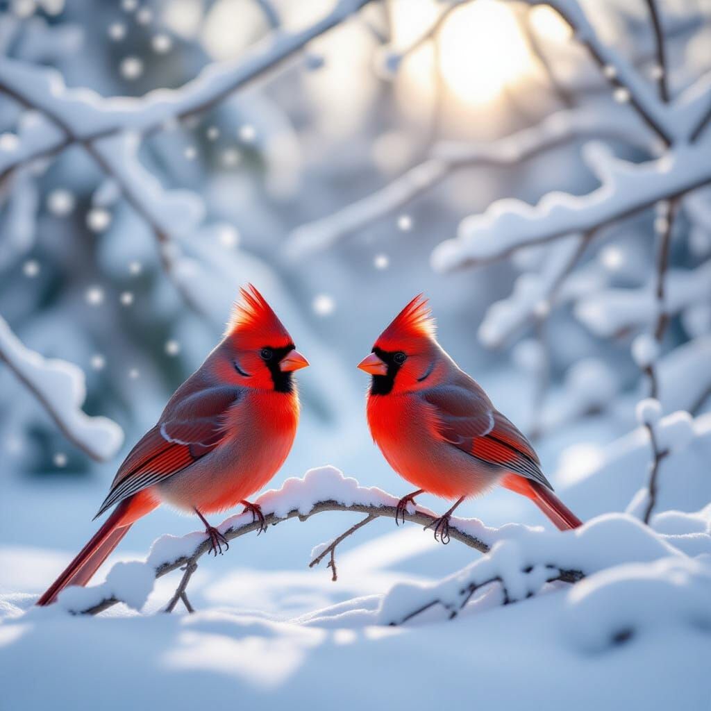 Two Red Cardinals in a Snowy Winter Forest