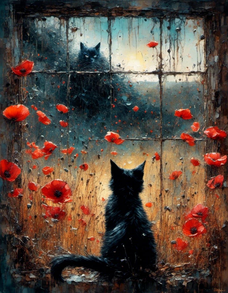 Black Cat Gazing at Poppies: Impasto Oil Painting