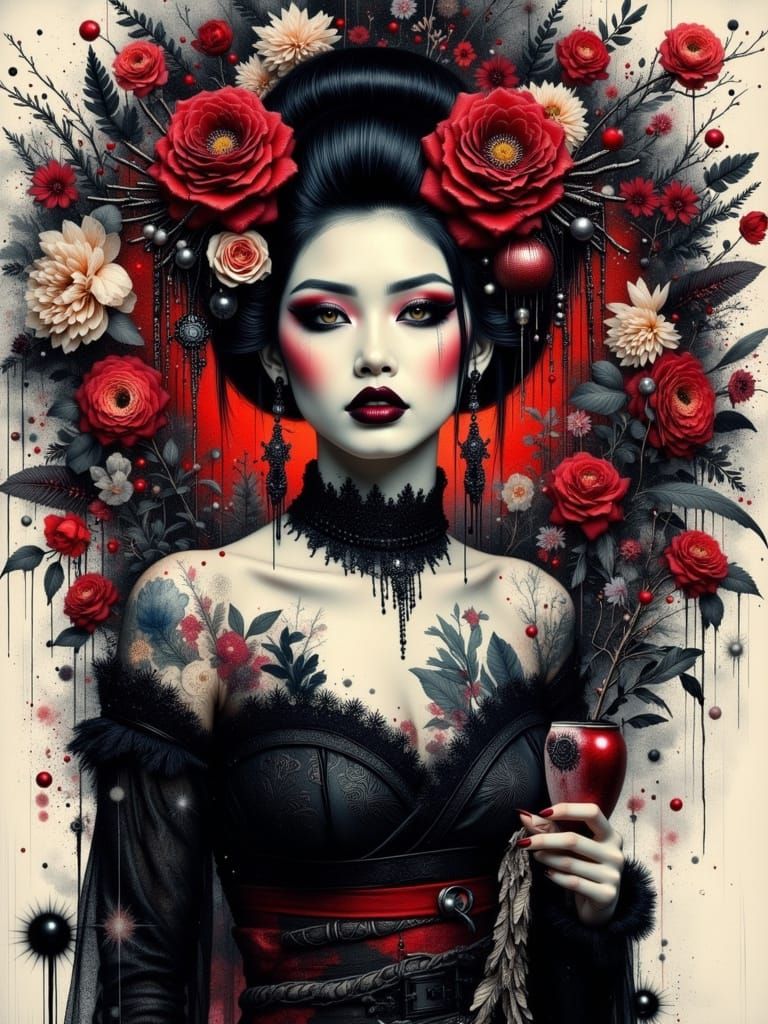 Ethereal Gothcore Geisha Portrait with Abstract Details