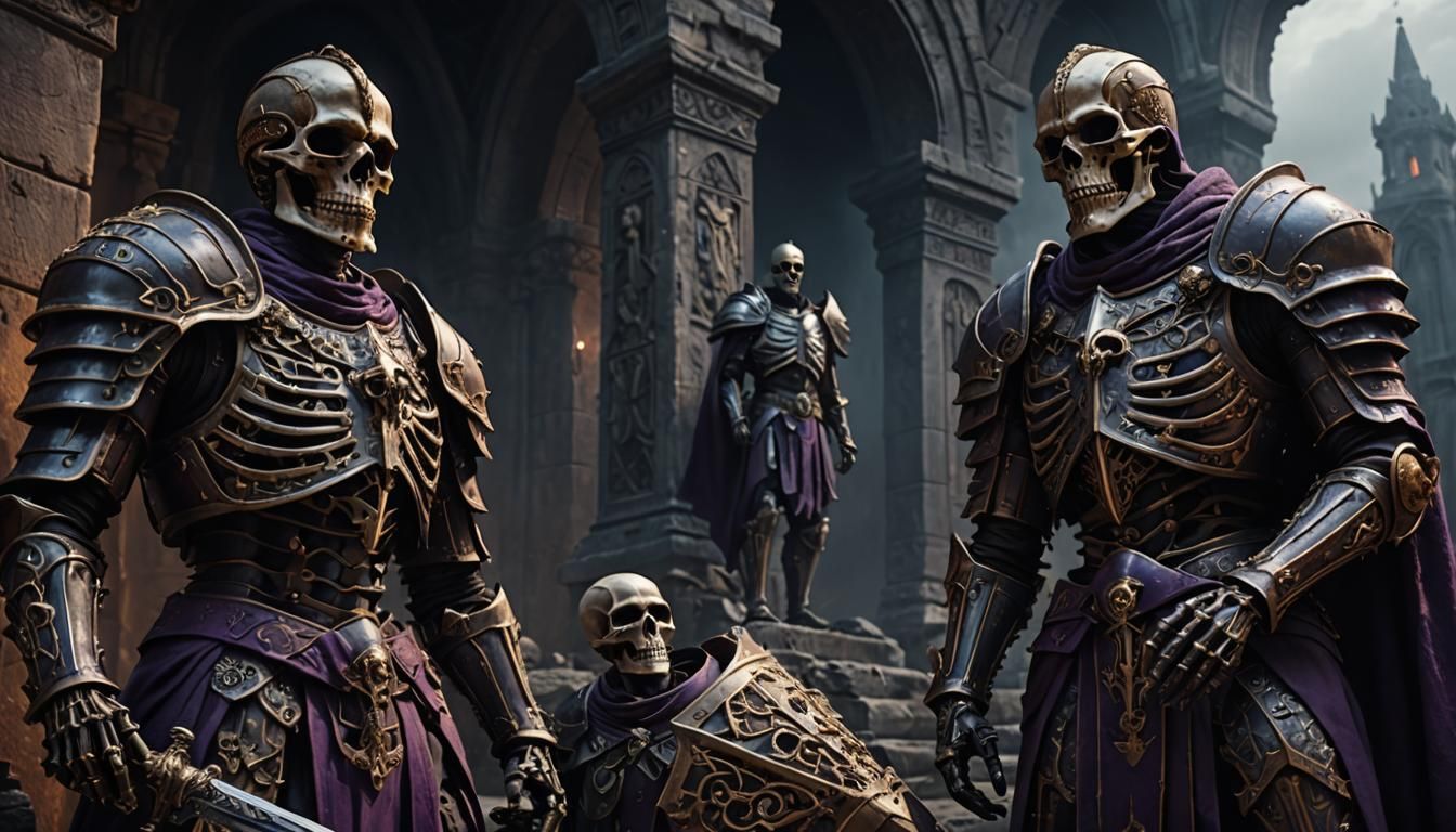 Skeletal Giant Knights Guarding Sarcophagus in Dark Fantasy
