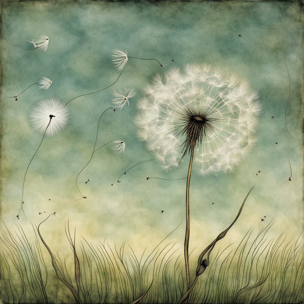 Dandelion Seeds Drifting in Sunlit Meadow, Illustrative Styl...