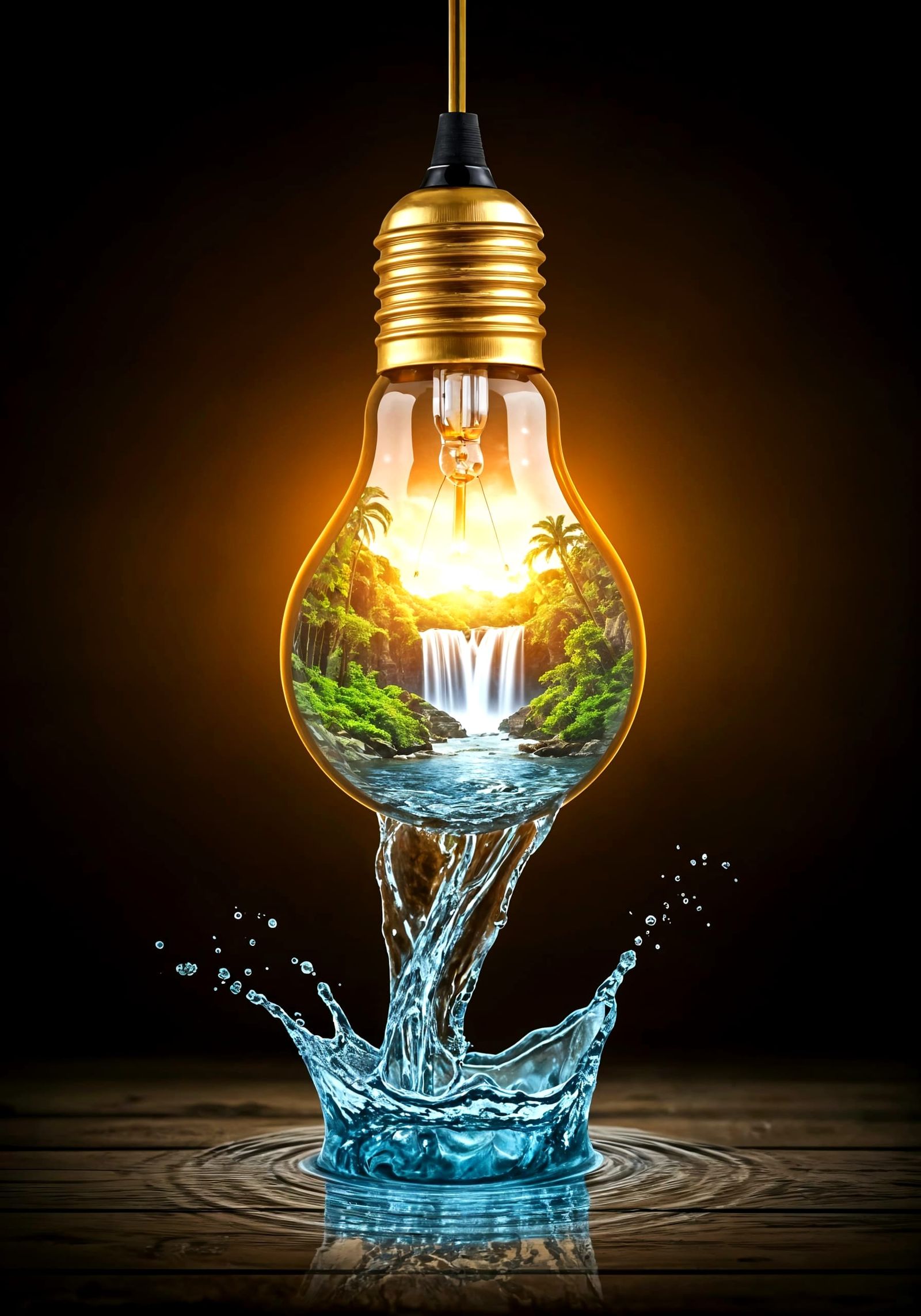 Surreal Waterfall Scene Inside a Golden Lightbulb