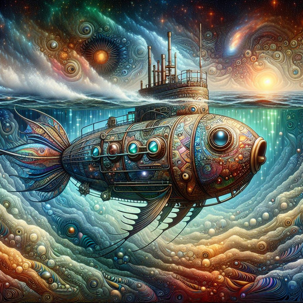 Steampunk Fish Submarine in Cosmic Astral Exploration