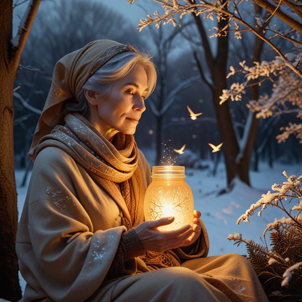 Winter's Serene Tranquility: Elderly Woman by Bonfire