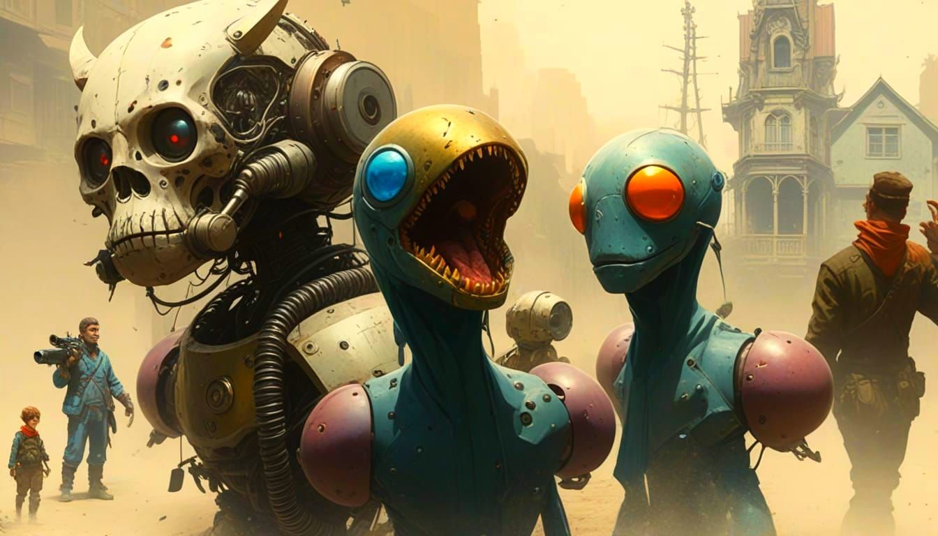 Isekai Anime Style Town of Machinery with Hybrid Creatures