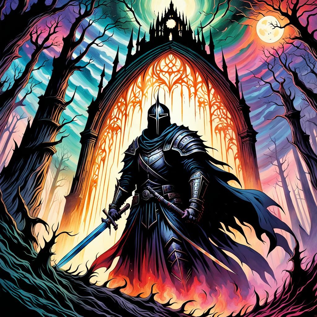 Dark Lord in Gothic Forest: Watercolor Painting