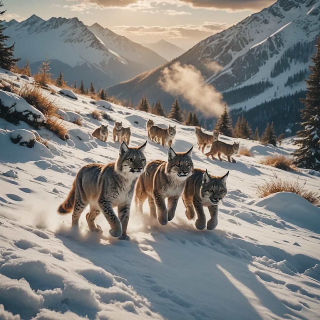 Snow Lynxes Play on Mountain Slope