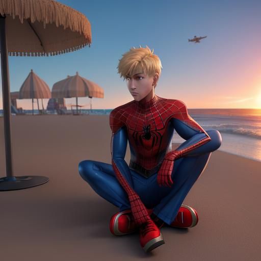 Boy and Spiderman on Beach as 3D Digital Art