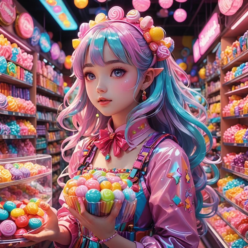 Vibrant Anime Candy Girl in Fantasy Store