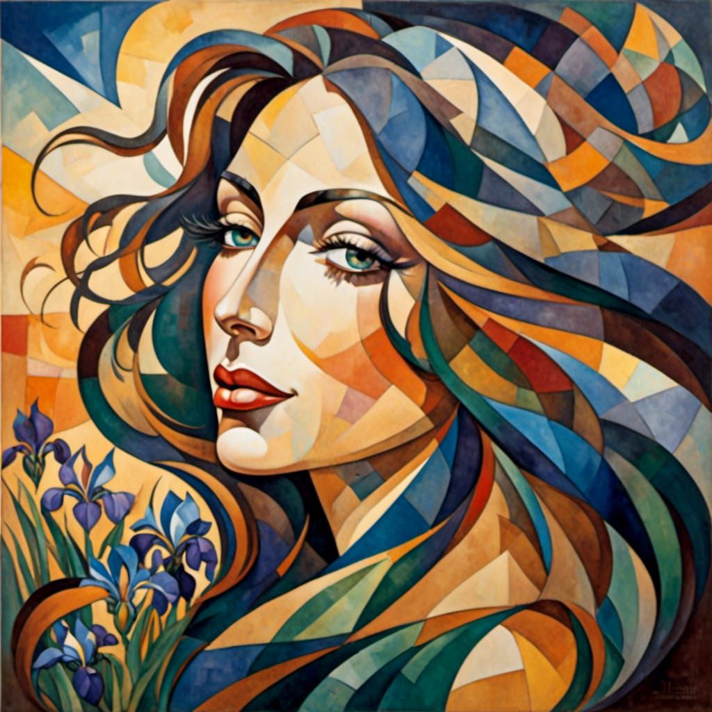 Cubist Woman with Irises in Hair, Ink Art