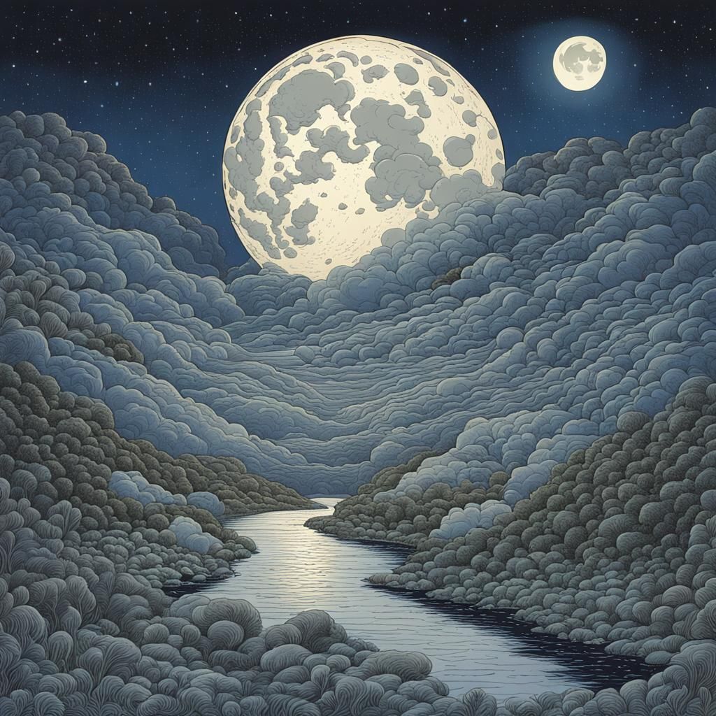 Full Moon Night Sky, Moebius Style Illustration