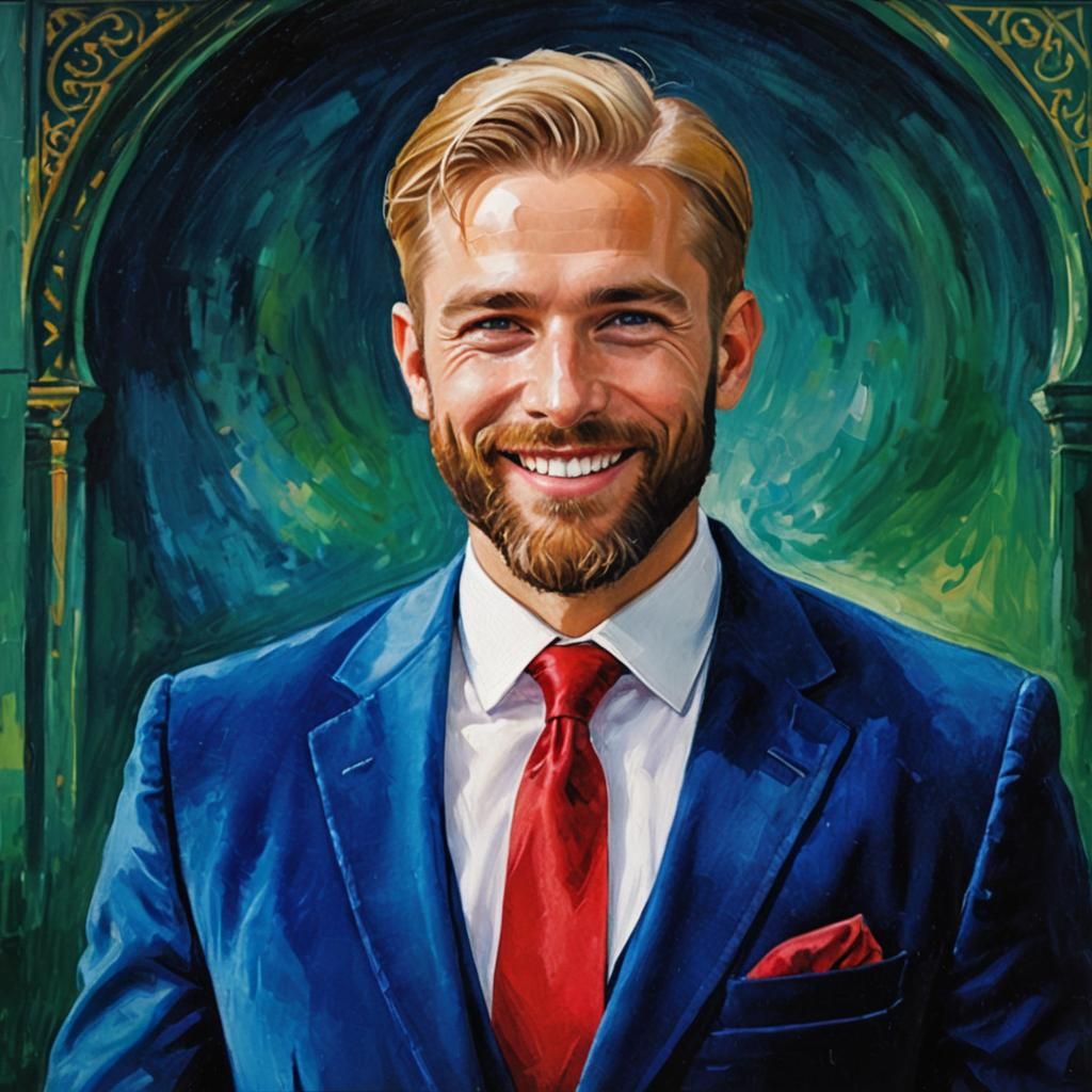 Smiling Blond Man in Blue Velvet Suit, Impressionist Oil Pai...