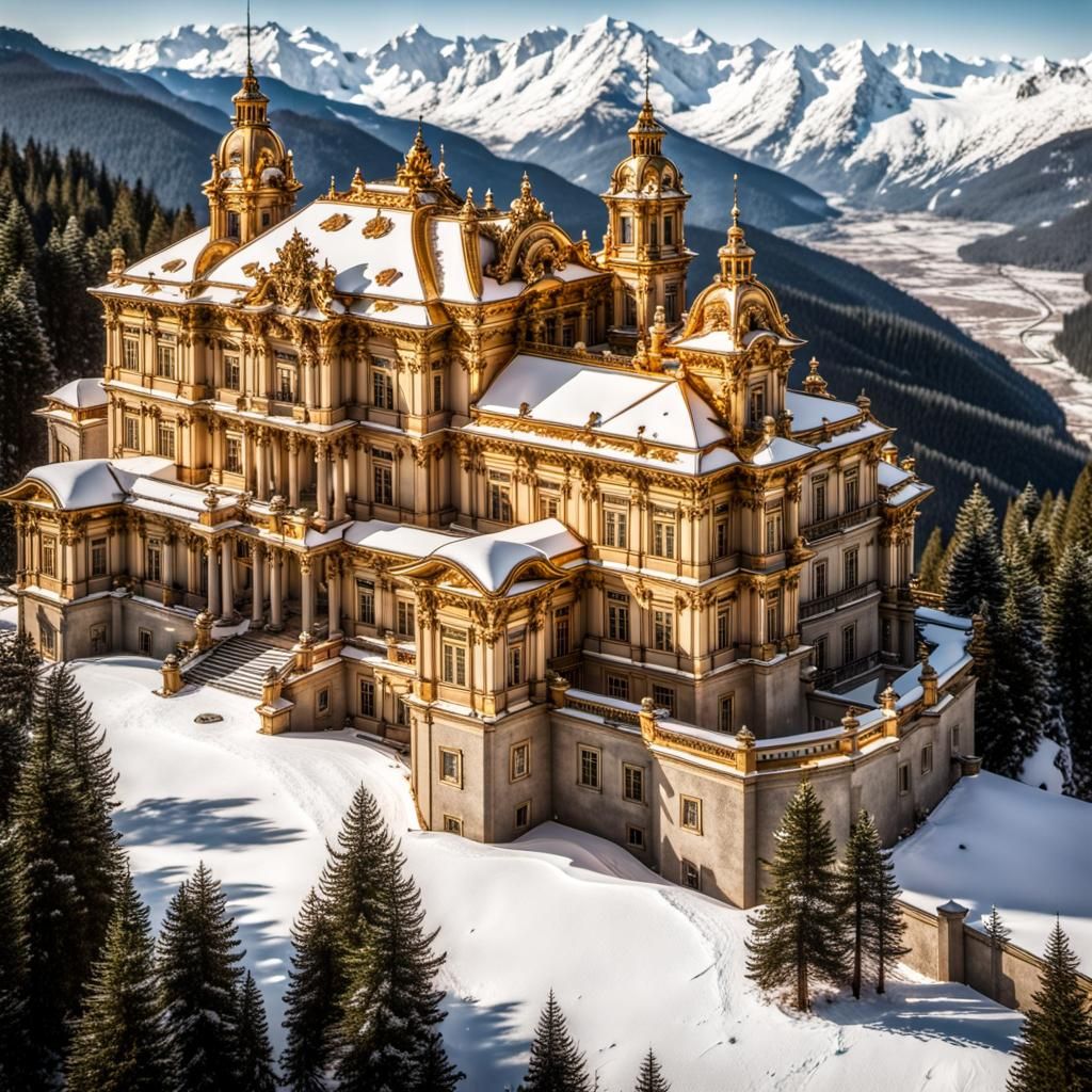 Baroque Palace in Snowy Mountains: Eldritch Oil Painting