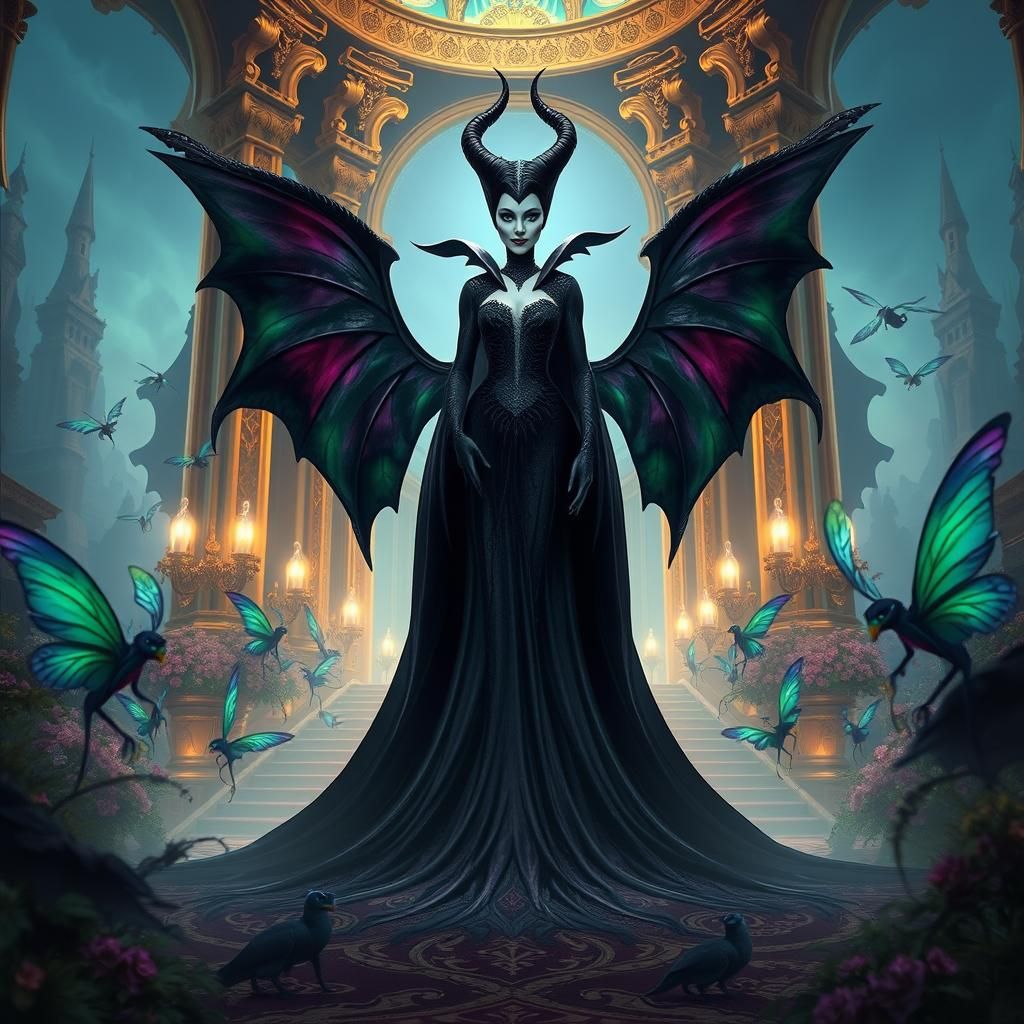 Maleficent in Ornate Palace with Fairy Creatures
