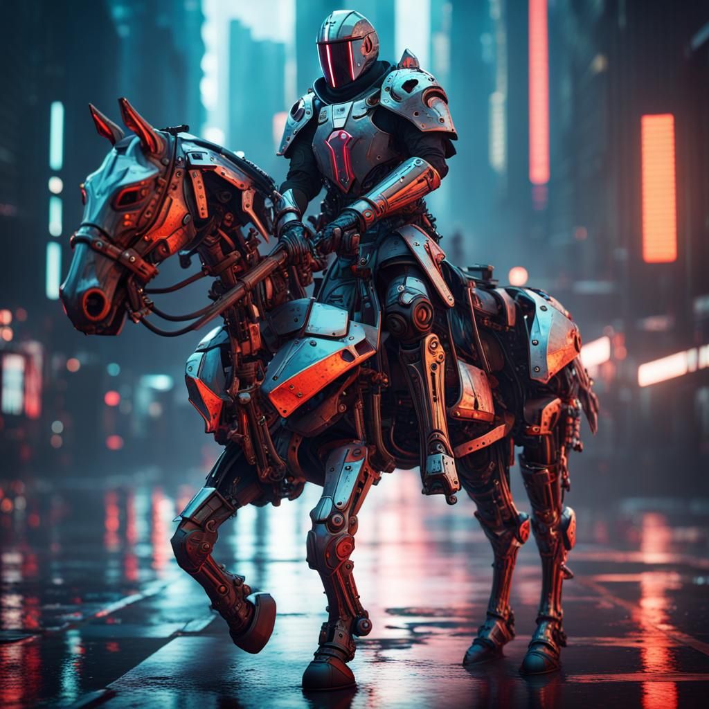 Cyberpunk Templar Knight on Horseback in 8K