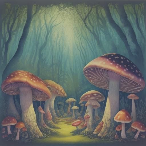 Psychedelic Mushrooms in Enchanted Forest, Surreal Watercolo...