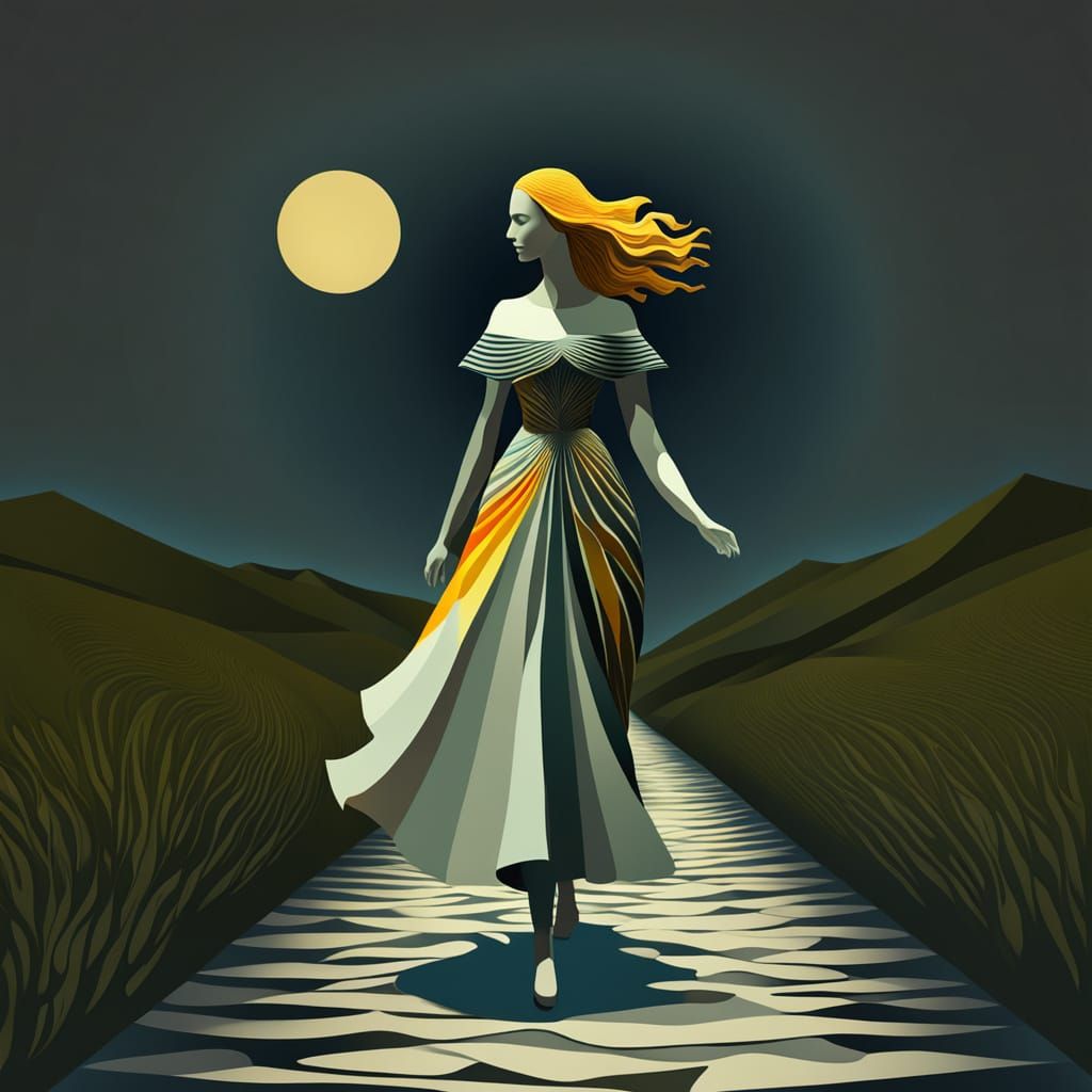 Moonlit Woman in Period Clothing: Abstract Oil Painting