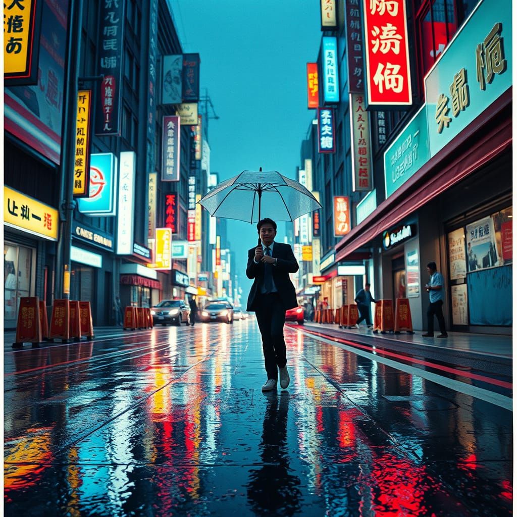 Tokyo Salaryman in Rain: Cyberpunk Cityscape