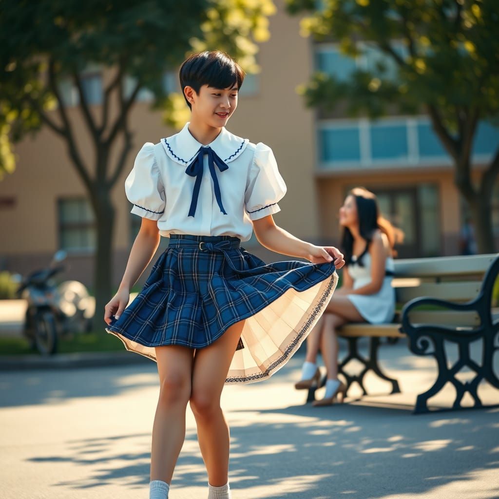Youthful Man in Blue School Uniform with Peter Pan Collar an...