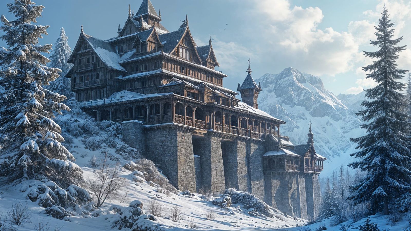 Fort Aspenwood in Snow-Dusted Valley, Digital Art
