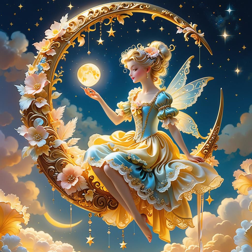 Thread Art Fairy on Crescent Moon in Rococo Style