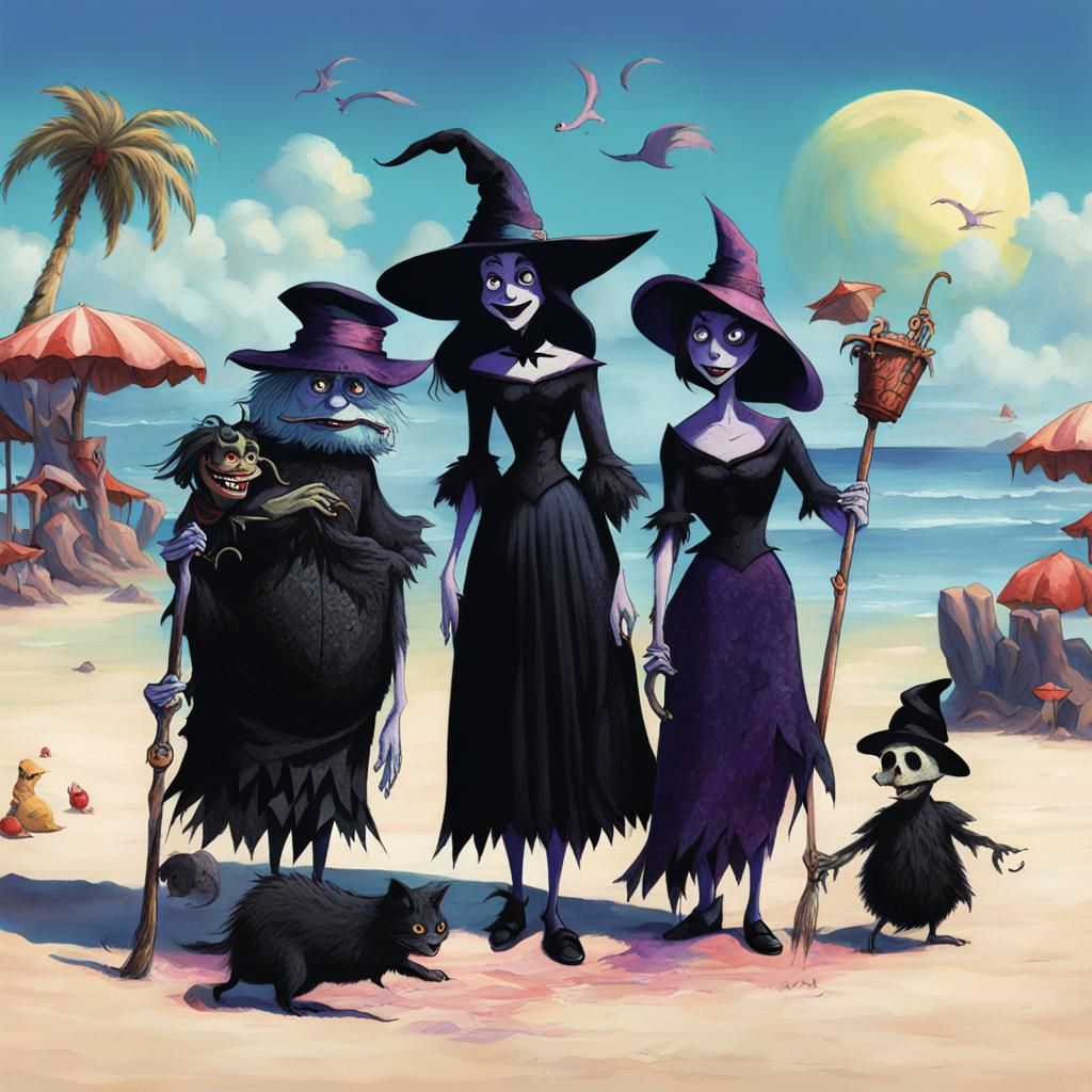 Sinister Witches Vacationing on a Dark Fantasy Beach