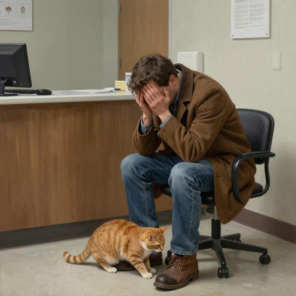 Man Grieves in Vet's Office with Cat