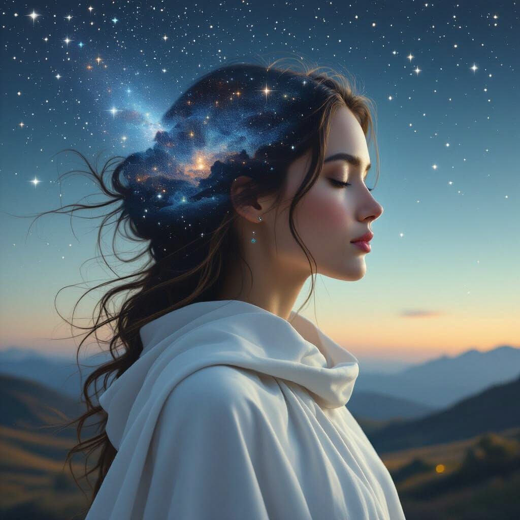 Dreamy Starry Night Woman Portrait