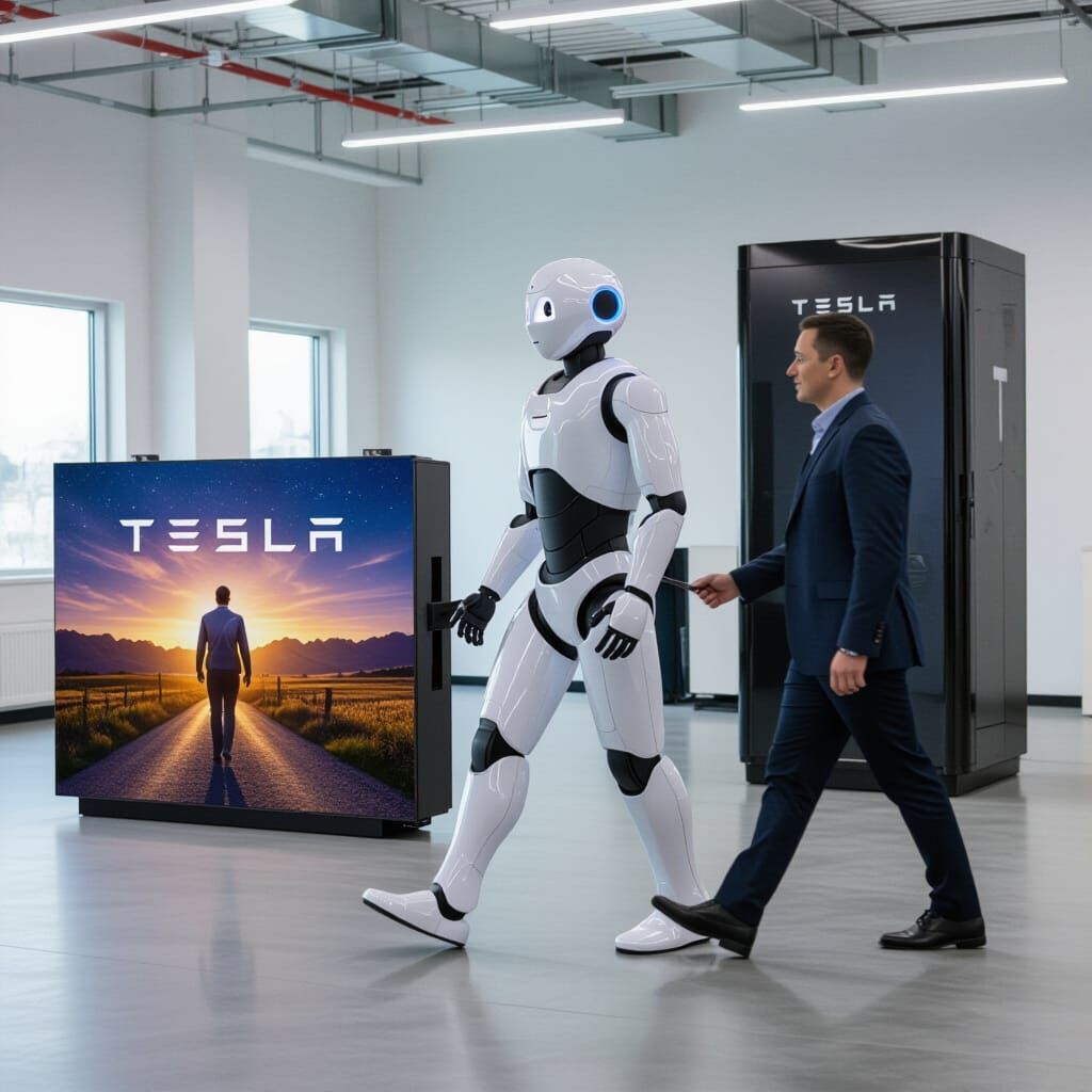 Robot Carrying Powerwall with Tesla Image