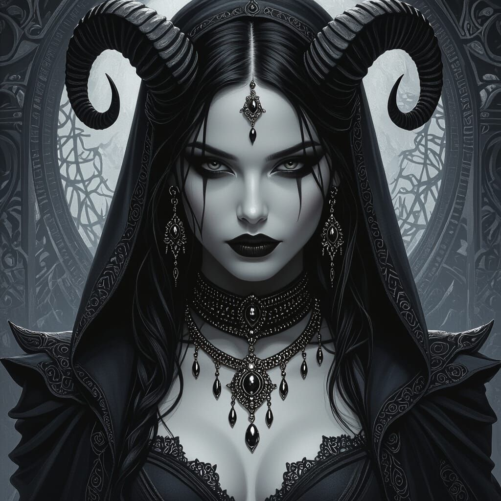 Demon Woman Portrait in Grayscale Hyperrealism