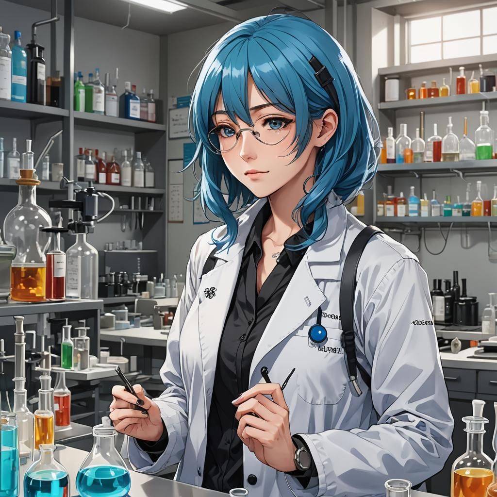 Blue-Haired Woman in Lab, Anime Style