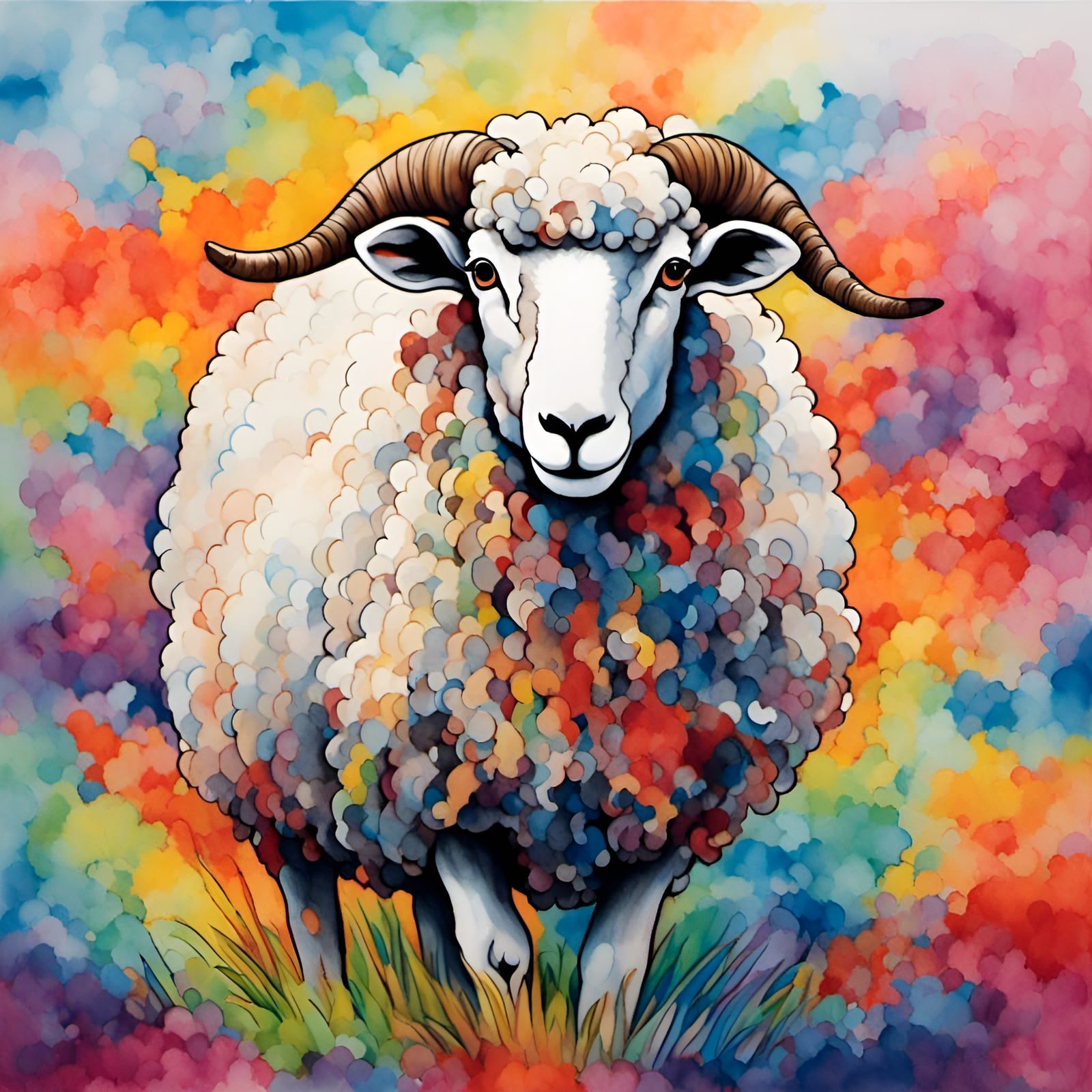 Colorful Crayon Wax Style Sheep Illustration