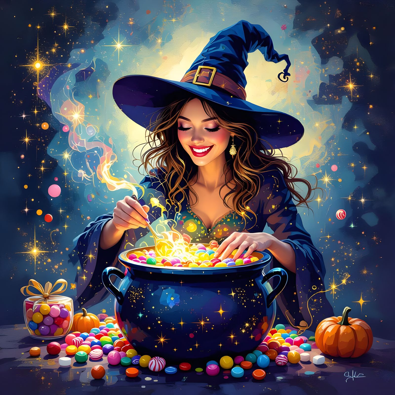 Happy Witch Stirs Magic Cauldron with Candies
