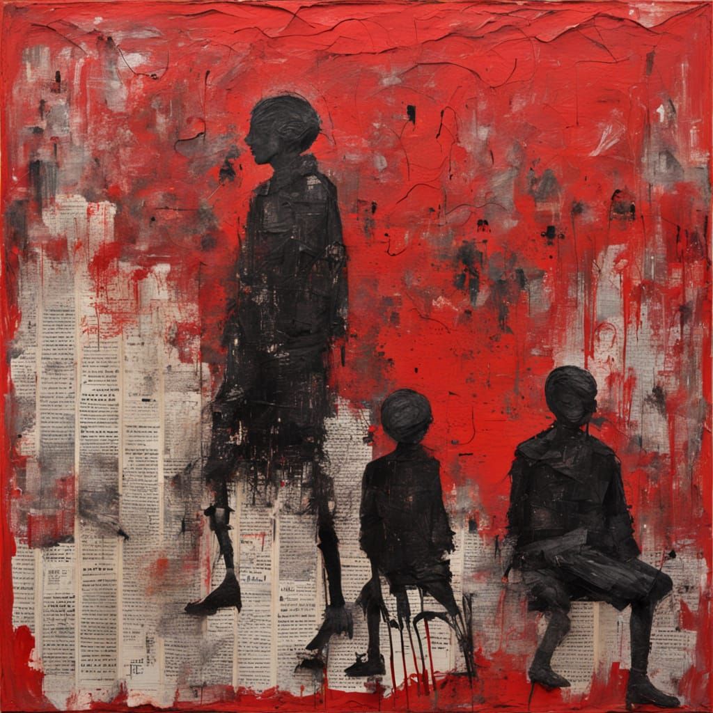 Painted Newsprint with Red Paint and Silhouettes