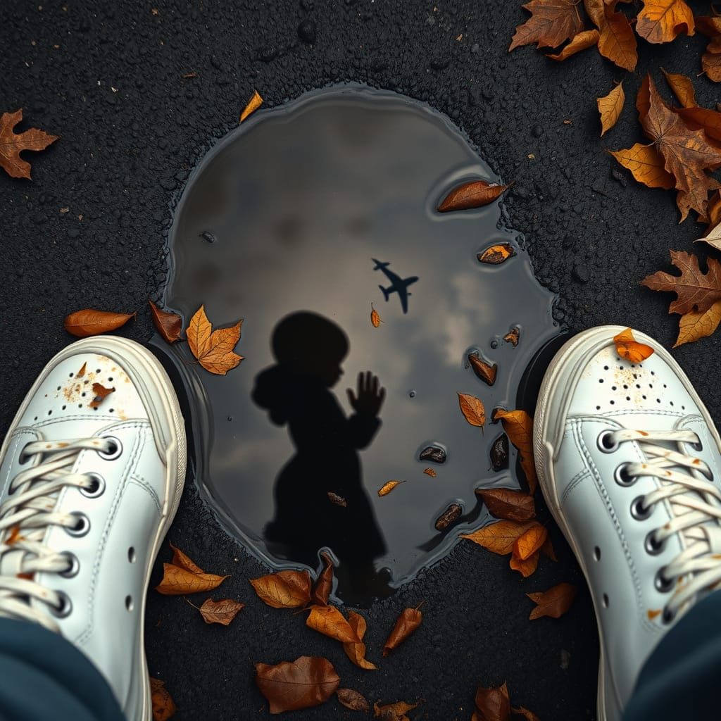 Puddle Reflection: Child Reaching for Airplane