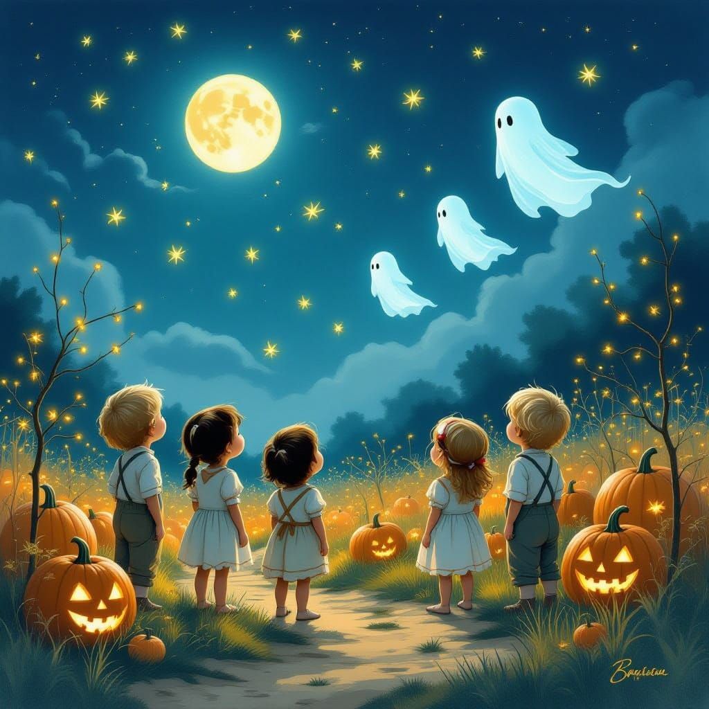 Children Watching Fireflies and Ghosts in a Magical Field