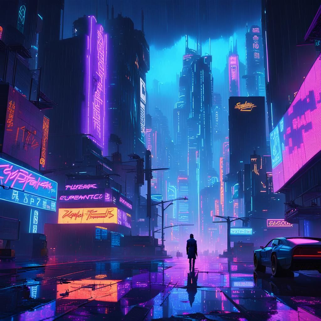 Cyberpunk Hacker in Neon Cityscape, Futuristic Architecture