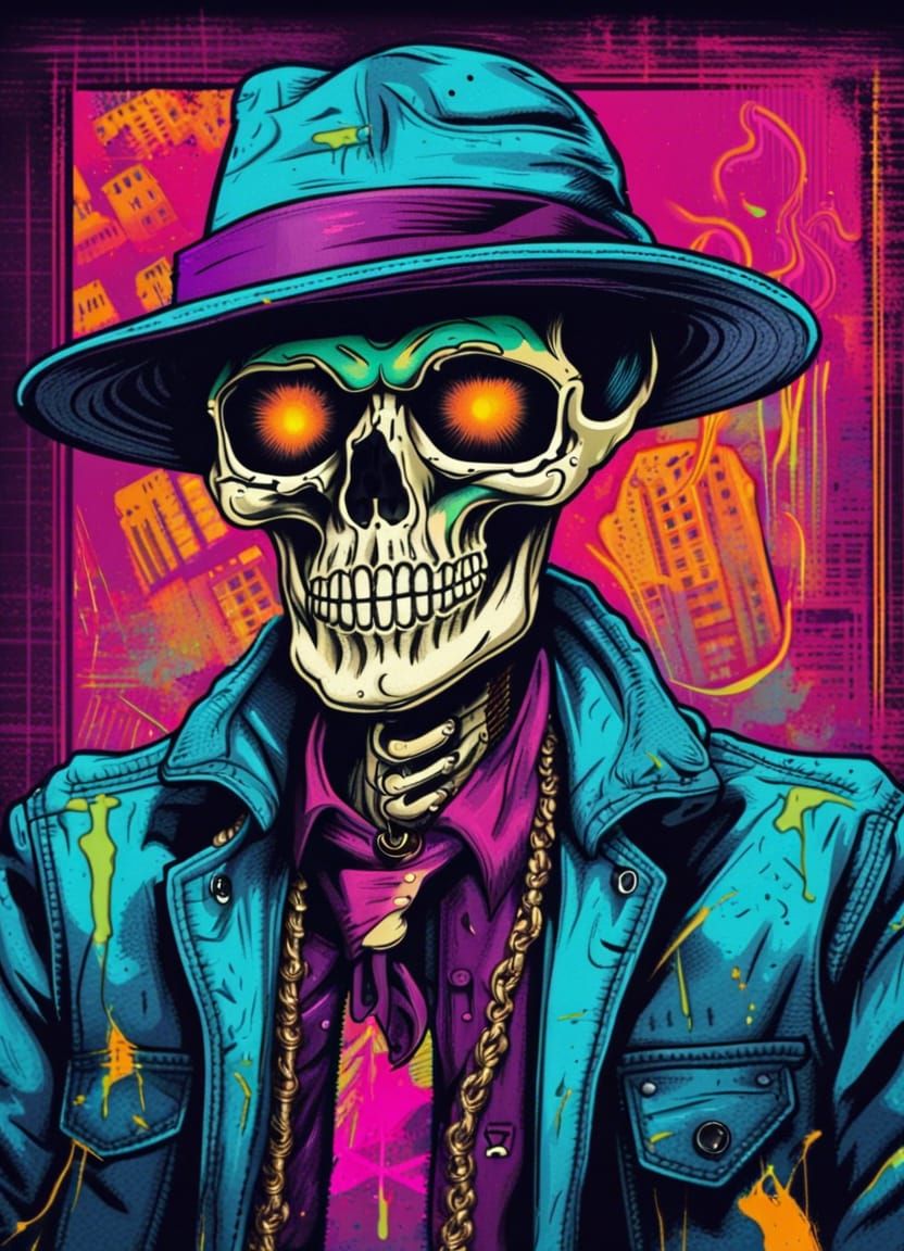 Hipster Skeleton Gangster in Urban Alien Pop Art