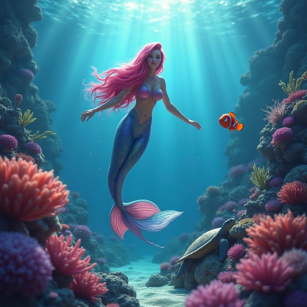 Mermaid With Nemo and Turtle in Vibrant Ocean