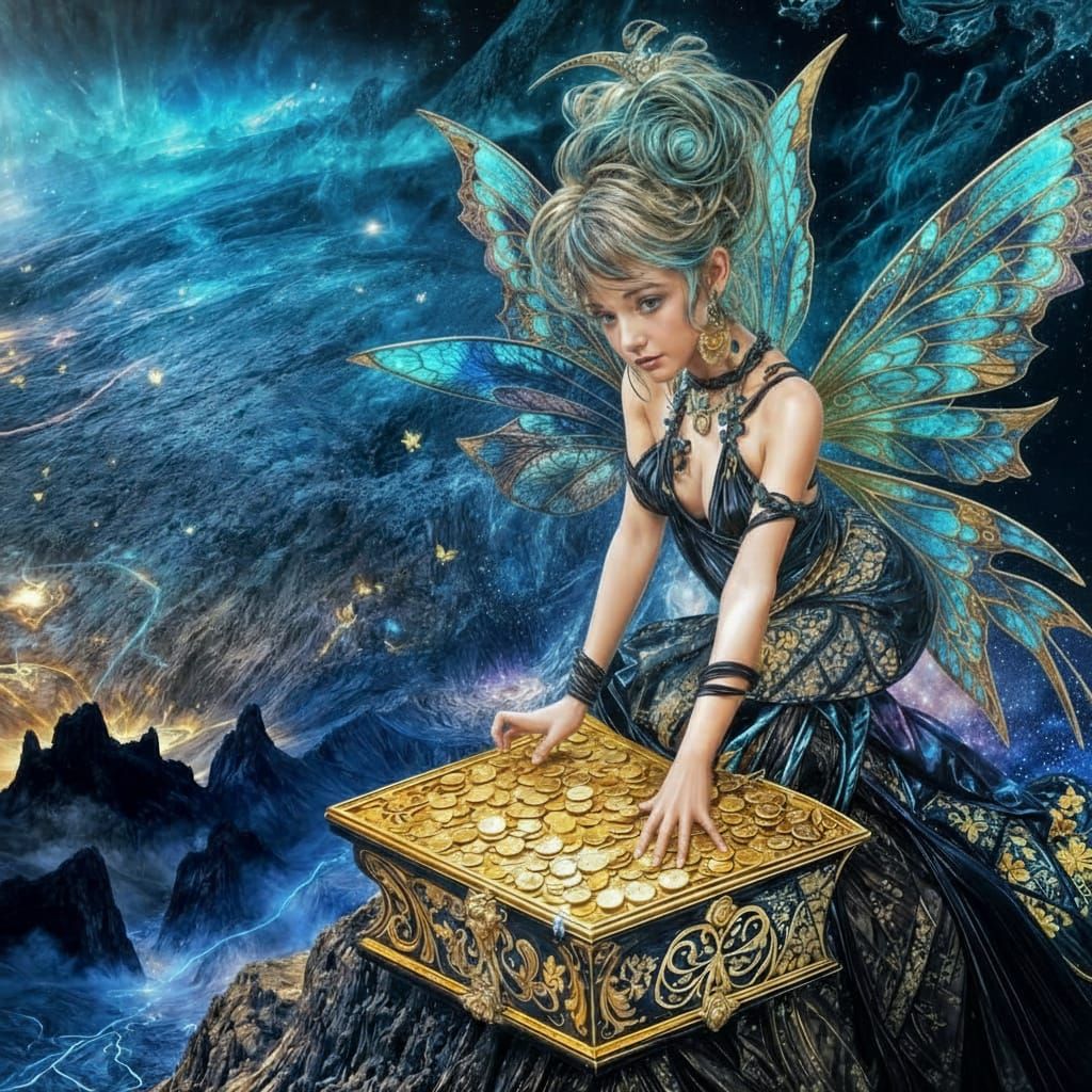 Fairy Counts Gold Near Volcano in Fantasy Illustration Style