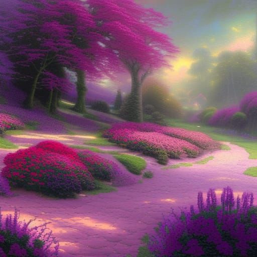 Ethereal Purple Peony Fantasy in Kinkade Style