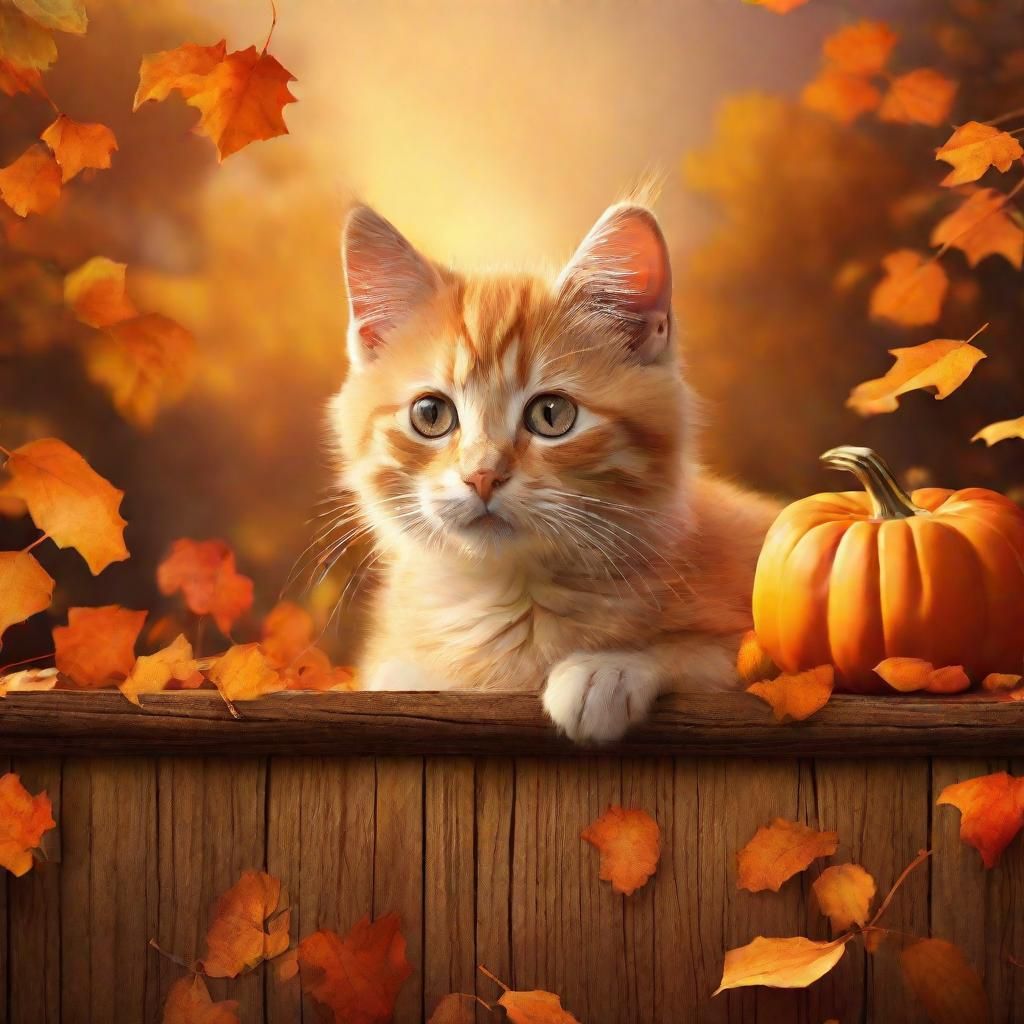 Kitten in Pumpkin Patch: Whimsical Autumn Concept Art