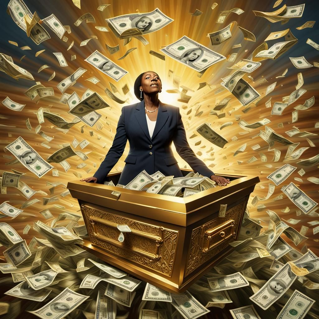 Woman in Flying Coffin Drops Money: Hyperrealistic Art