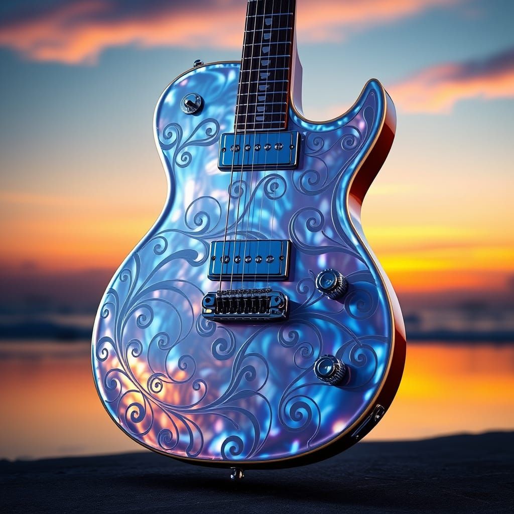 Iridescent Shell Guitar in Futuristic Digital Art Style