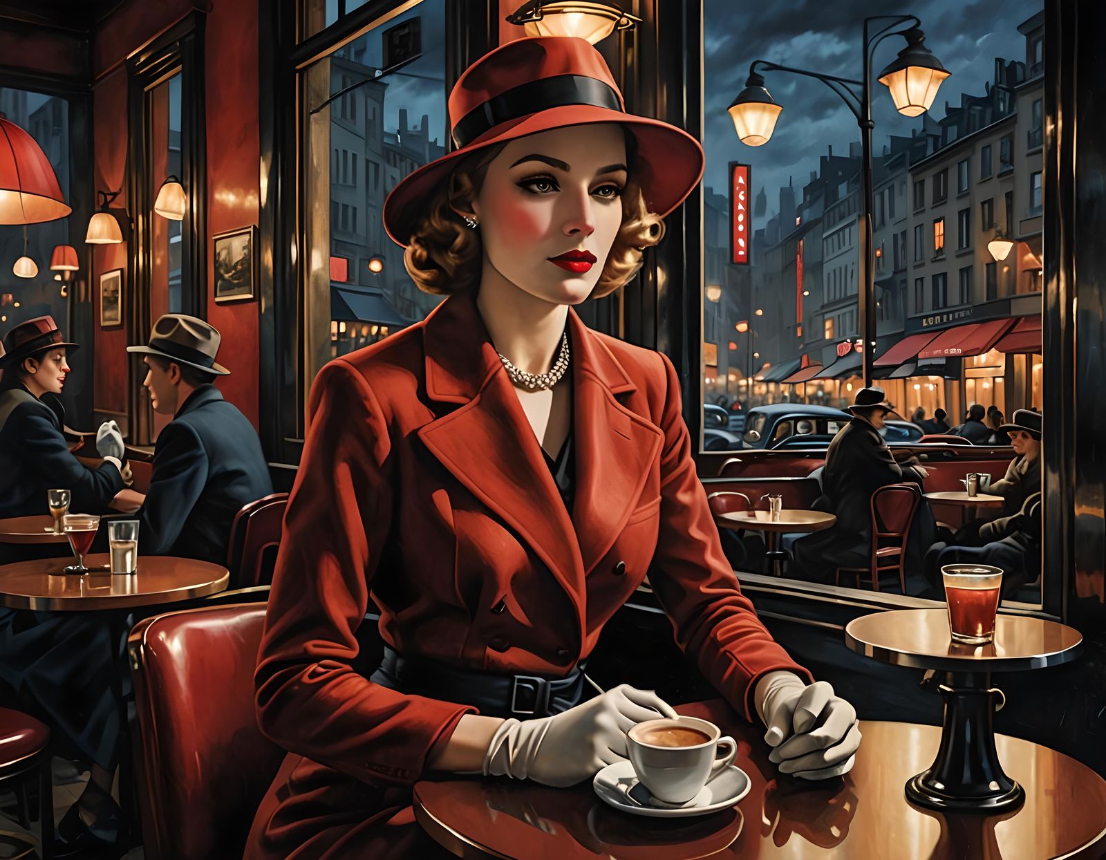 Art Deco Lady in Red at Cafe Window