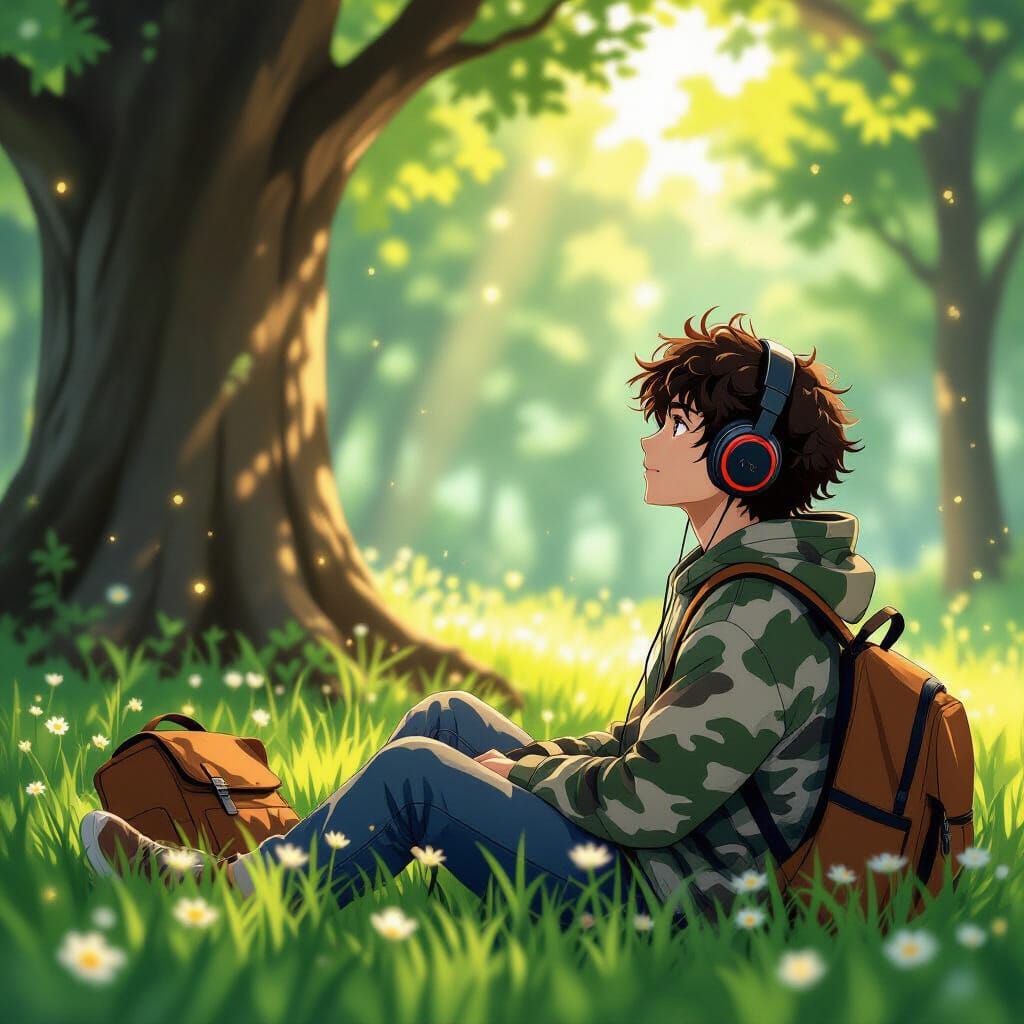Young Man in Forest with Anime Style