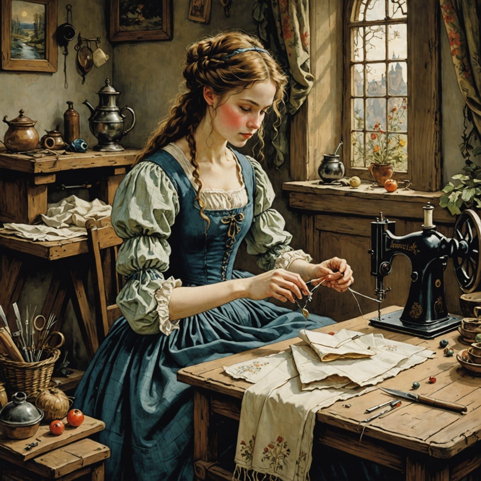 Girl Sewing: Fairytale Illustration in Colorful Realism